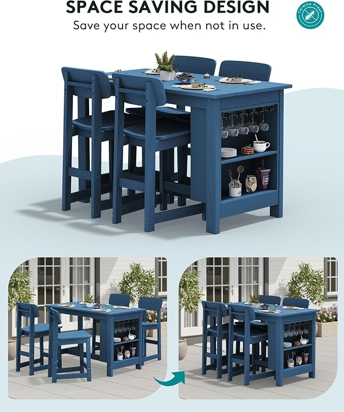 SERWALL Outdoor Bar Table, All Weather HDPE 36" Counter Height Dining Table with Storage and Wine Rack for Patio, Garden, Backyard, Balcony, Poolside, Blue
