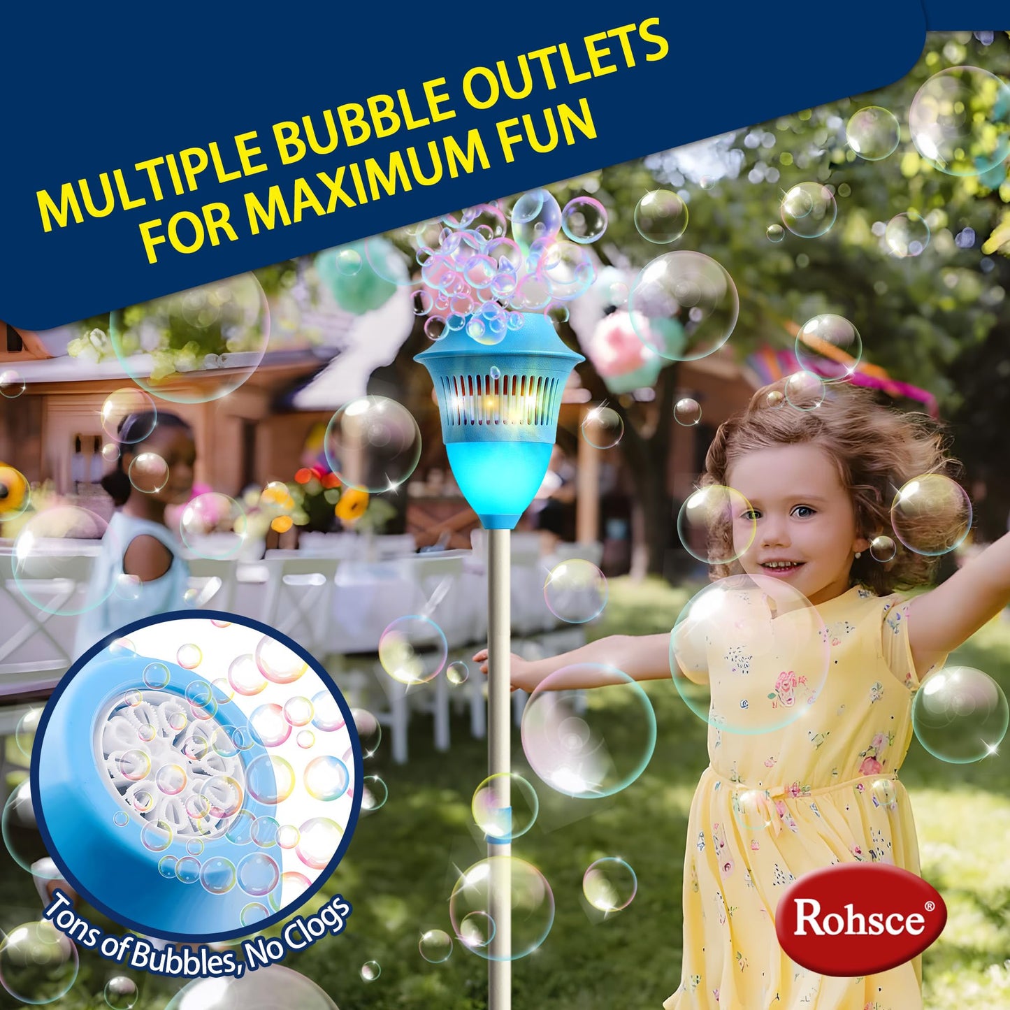 ROHSCE Automatic Bubble Machine with LED Lights & Music, Tall Rechargeable Bubble Maker for Kids, Adjustable Height 47 Inches Outdoor Bubble Stand Machine for Birthday Party, Wedding, Garden, Camping