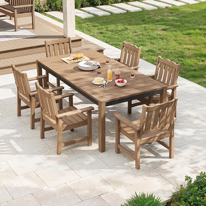 Stoog 7-Piece All-Weather Patio Dining Set, HIPS Dining Table with Cross-Braced Aluminum Frame & Umbrella Hole, 6 Waterproof Chairs, Fade & Rot Resistant, for Backyard, Garden, Deck, Teak