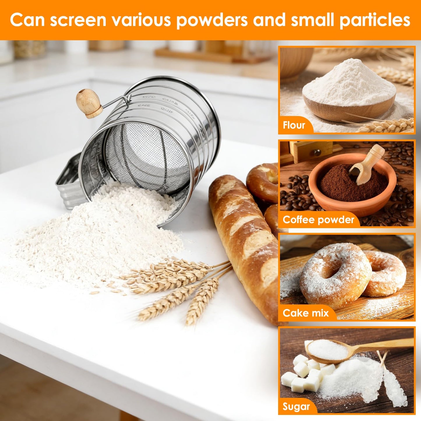Large Handheld Rotary Flour Sifter Set – Stainless Steel Hand-Crank Sifter with Baking Sifter, Powder Sugar Duster, Shaker Cup & Sifter Stick for Cakes, Bread & Pastry