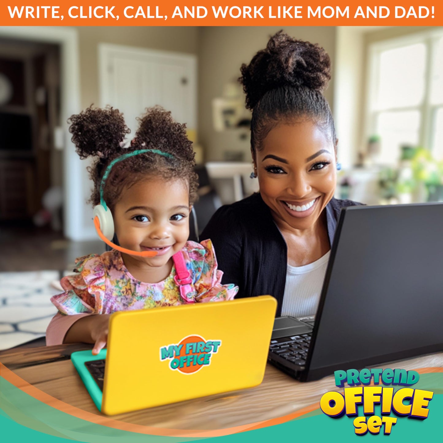 BLOONSY Pretend Play Home Office Set for Kids Ages 3-5-7 | Features Toy Laptop Computer, LCD Writing Tablet, Pop Fidget Calculator, Cell Phone, Headset & Toddlers Beverage Cup