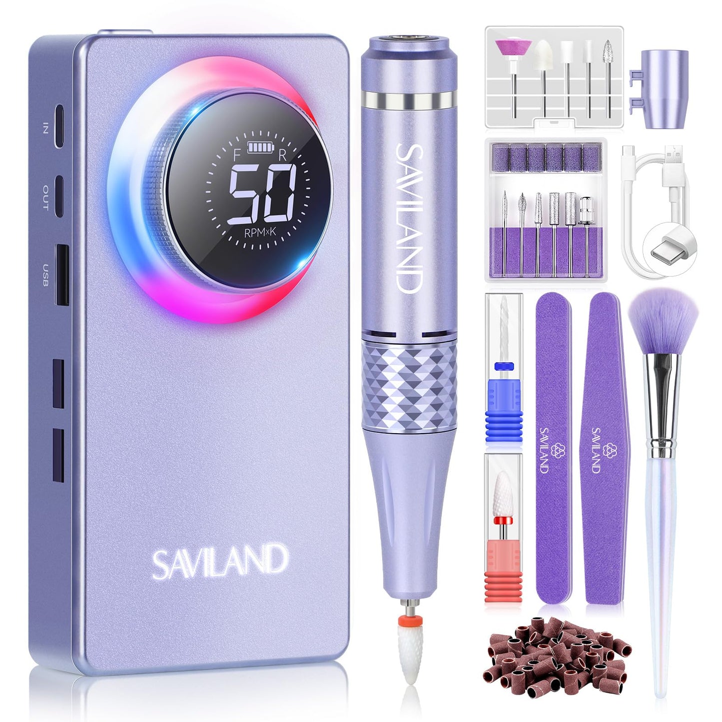 SAVILAND 50000RPM Nail Drill for Acrylic: 2026 Pro High Tech Fast Removal Electric Nails Drill Kit 6000mAh Rechargeable Machine Professional Drill Bit Nail File Buffer Tools Salon Manicure Pedicure