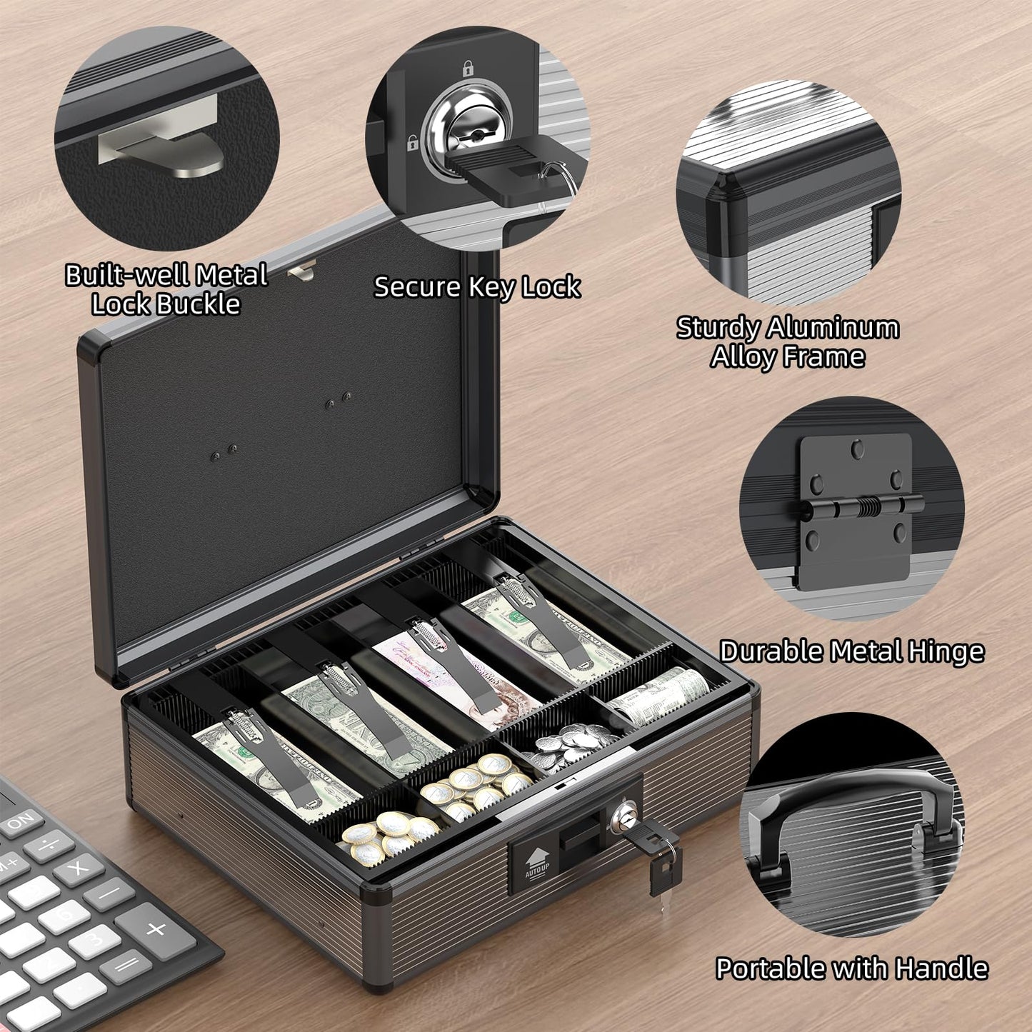 Lockbako Locking Cash Box with Money Tray and Key, Secure Money Safe Box for Cash, Portable Money Box with Bottom Storage Spaces, Money Saving Organizer(Black, Extra Large)