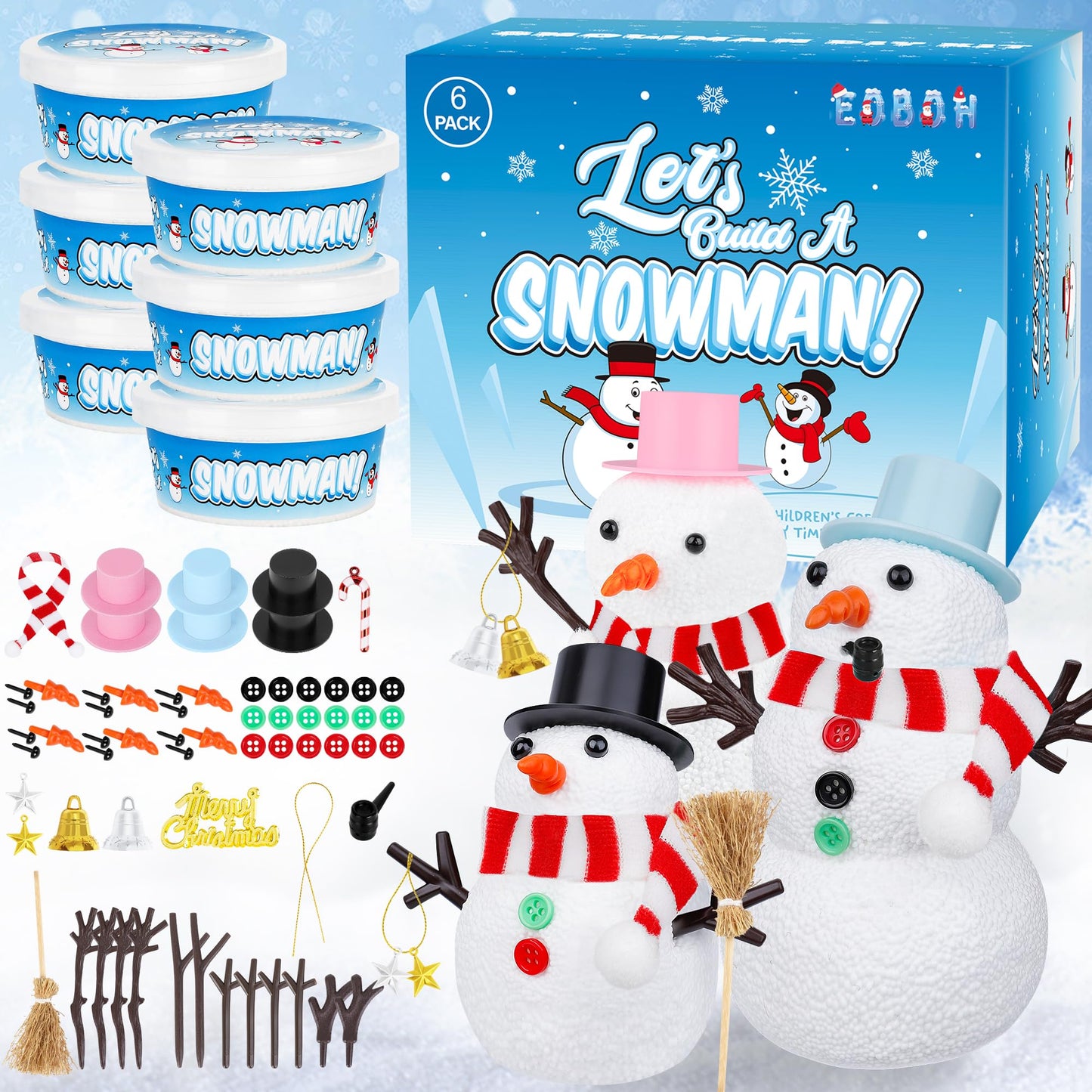 EOBOH 6 Pack Snowman Kit, Christmas Craft DIY for Kids, Build a Snowman Craft Winter Decorations Indoor, Creative Kids Air Dry Clay Modeling Crafts Kit for School Winter Party Activities