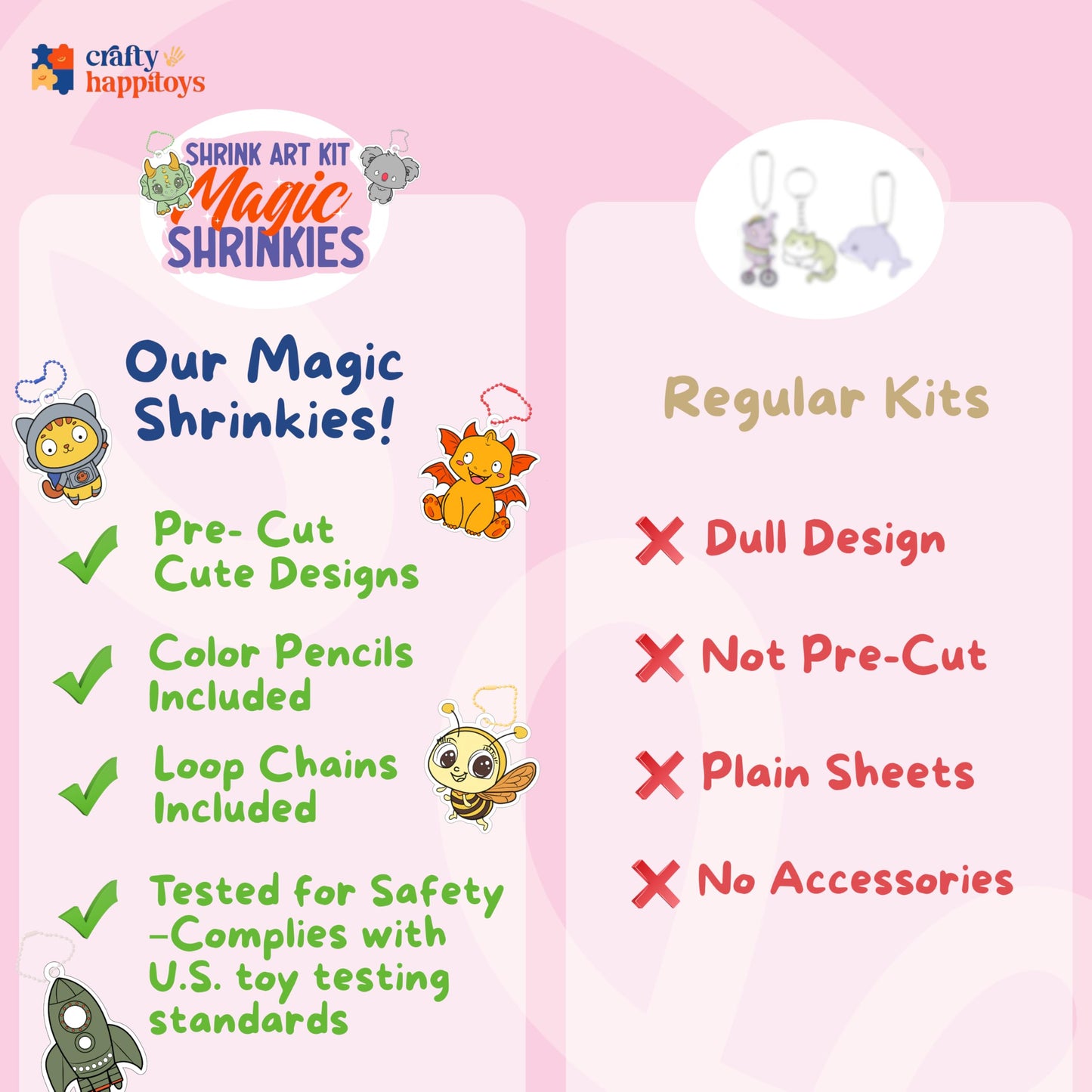 CRAFTY HAPPITOYS Shrink Art Sheets - Craft Kit for Kids - Art and Craft for Kids - Shrink Plastic Sheets with 30 Pre Cut Charms - DIY Jewelry Making - Keychain Activity - Shrinky Kit 70pc