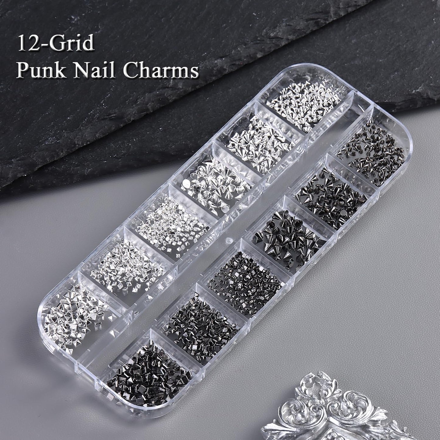 Furtherpretty Cone Spike Nail Charms Set, 3D Tiny Metal Square Pyramid Studs for Nails, Mixed Sizes Black & Silver Flat Back Punk Nail Charms, Gothic Y2K Rock Edgy DIY Manicure Decorations