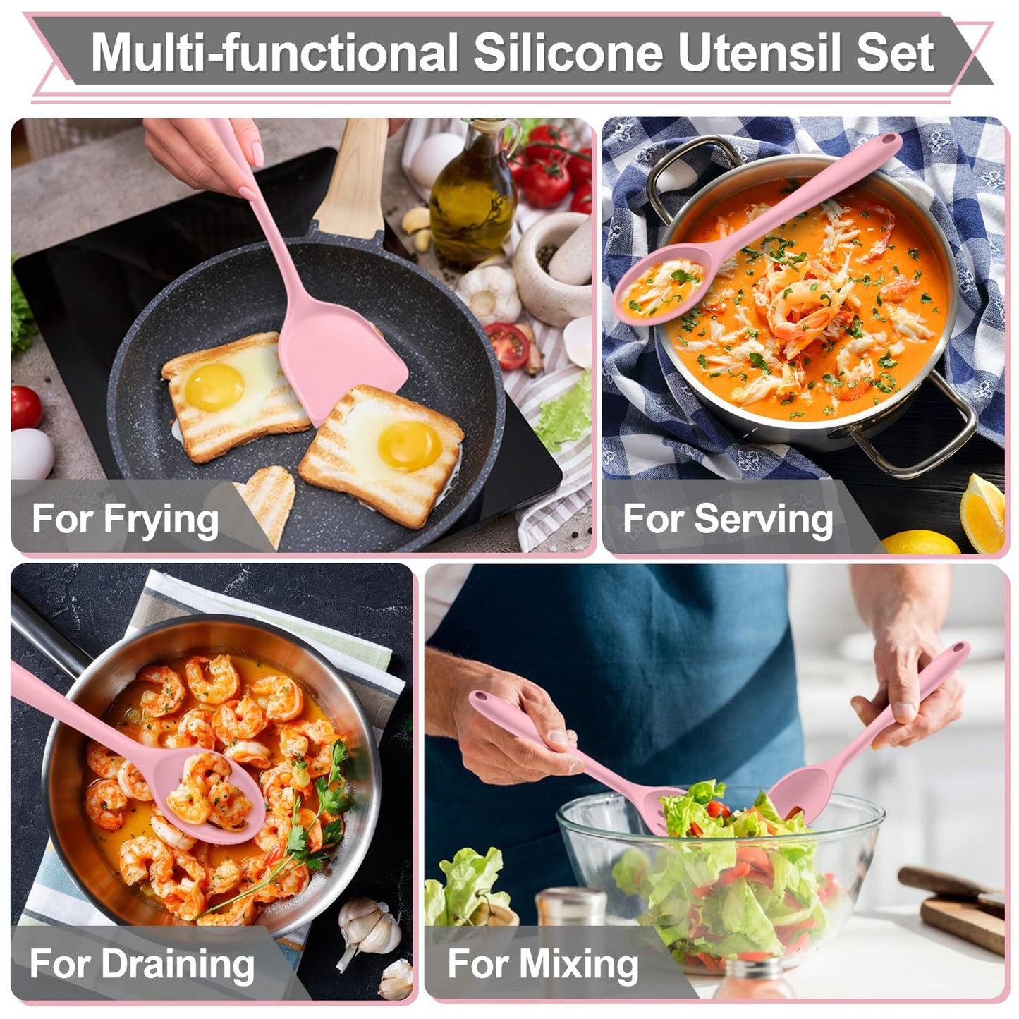 P&P CHEF Kitchen Utensil Set, 4 Pieces Non-stick Silicone Cooking Utensils, Heat-resistant Slotted Solid Spoon Turner for Frying, Mixing, Serving, Non-toxic & Easy to Clean, Pink