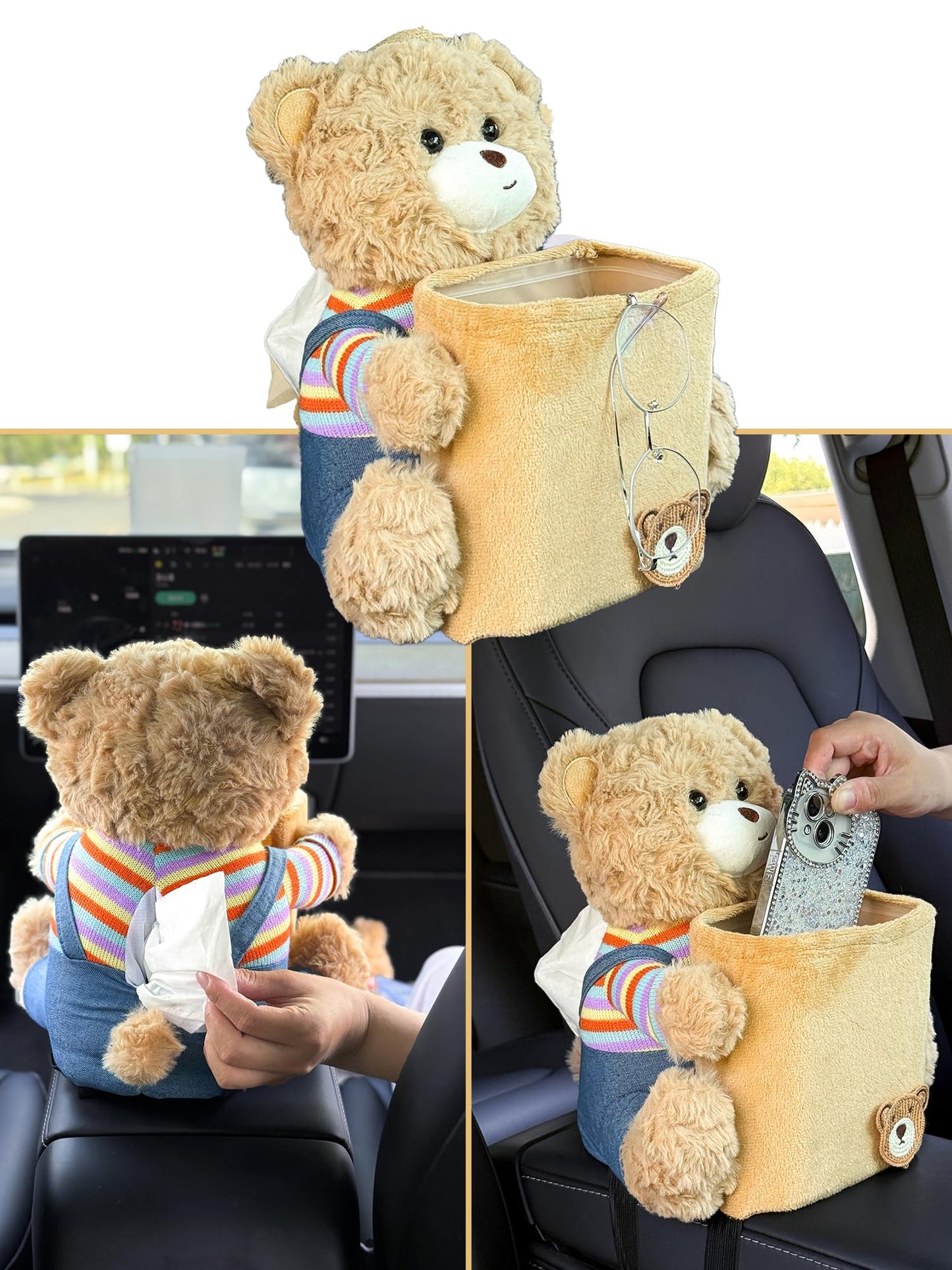 VimoDemo Cute Car Trash Can with Tissue Holder Teddy Bear Tissue Box Console Stuffed Animal Organizer Plush Doll Multifunctional Creative Accessories for Women Rainbow Bear