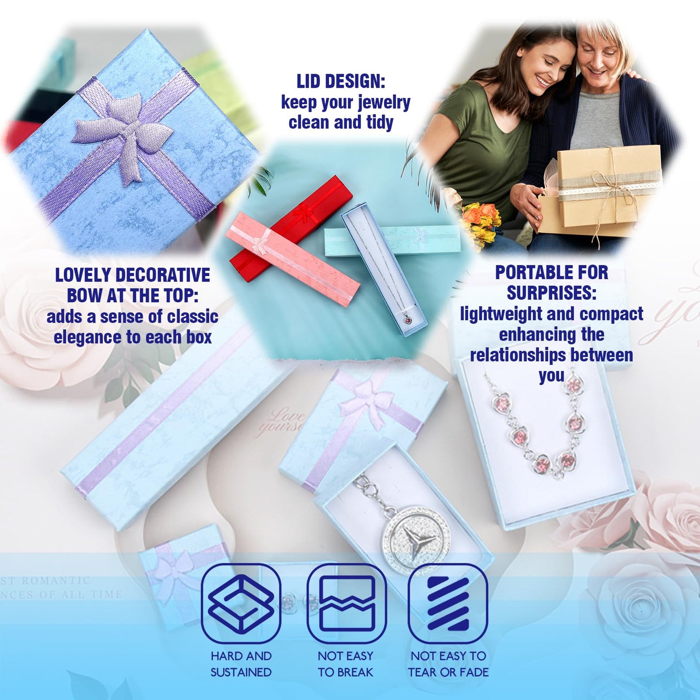 Waltool 21Pcs Empty Jewelry Gift Boxes with Lids Assortment Set, 7.9" x 1.6", 1.57"x1.57", 2”x 3” Cardboard Jewelry Boxes with Bowknot for Necklaces Earrings Bracelets Ring Packaging Displaying