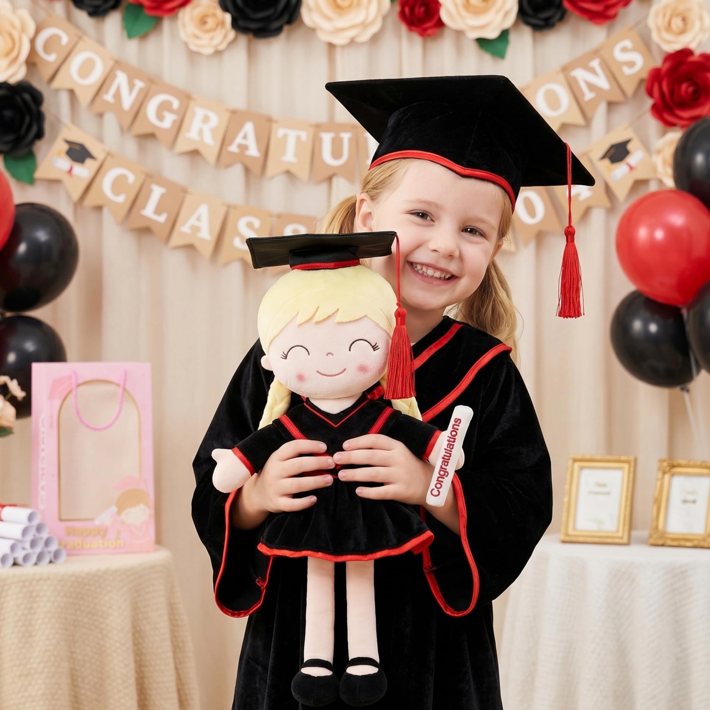 Gloveleya 16" Classic Black Graduation Doll - Traditional Cap & Gown Plush Toy - Kindergarten Preschool Graduation Ceremony Gift, Class of 2026 Keepsake