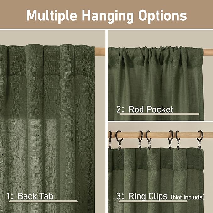 LAMIT Light Filtering Linen Curtains 72 inches Long for Bedroom, Linen Textured Semi Sheer Back Tab and Rod Pocket Boho Drapes for Small Window/Living Room, Olive Green, 2 Panels, 34 x 72 Inch