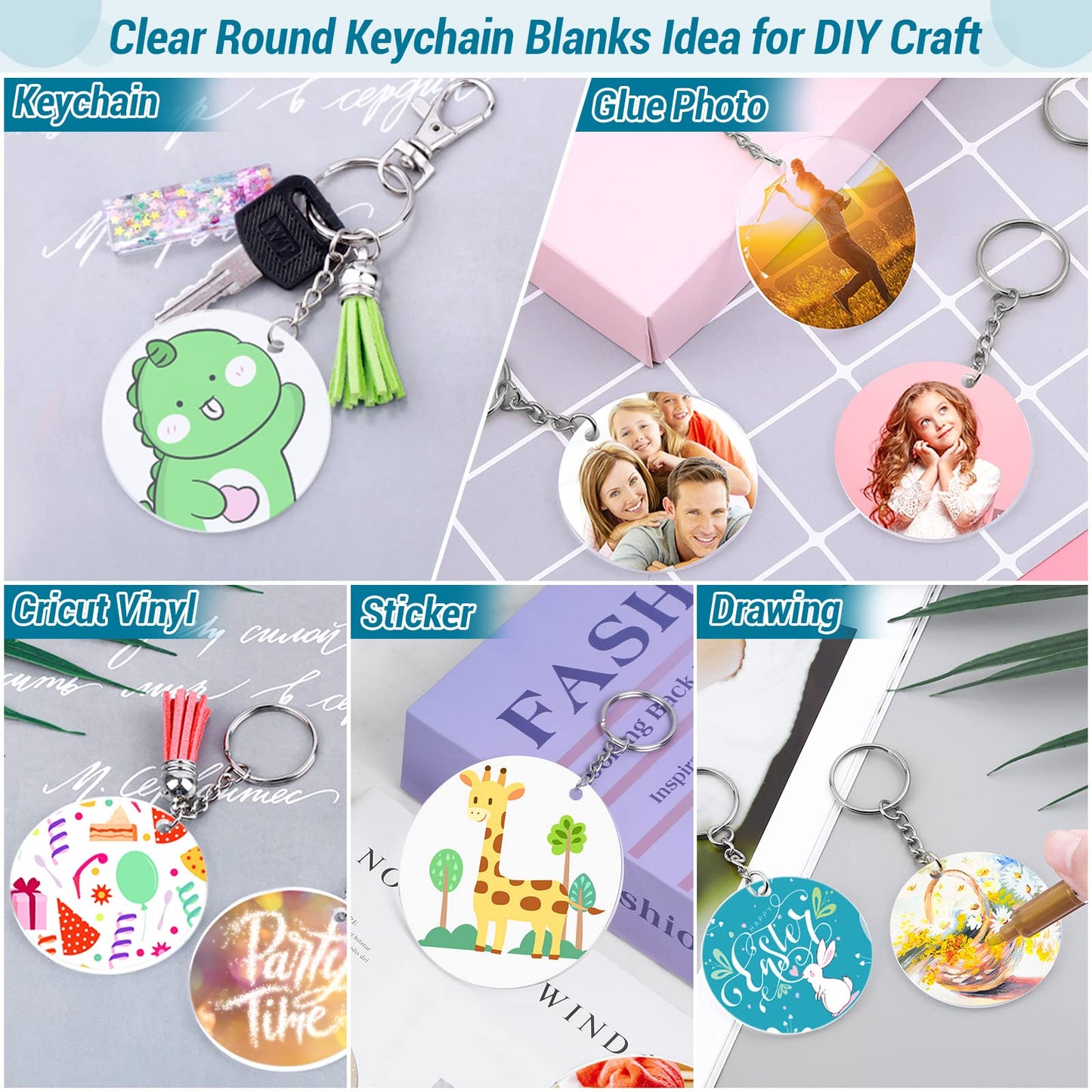 350Pcs Acrylic Keychain Blanks Cludoo Clear Acrylic Ornament Blanks for Vinyl with 60 Pcs Blanks, 60 Pcs Keychain Tassels, 170 Pcs Jump Rings and 60pcs Rings for DIY Craft