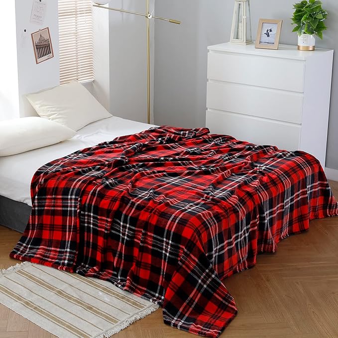 SOCHOW Flannel Fleece Throw Blanket 50 x 60 Inches, All Season Plaid Red/Grey Blanket for Bed, Couch, Car