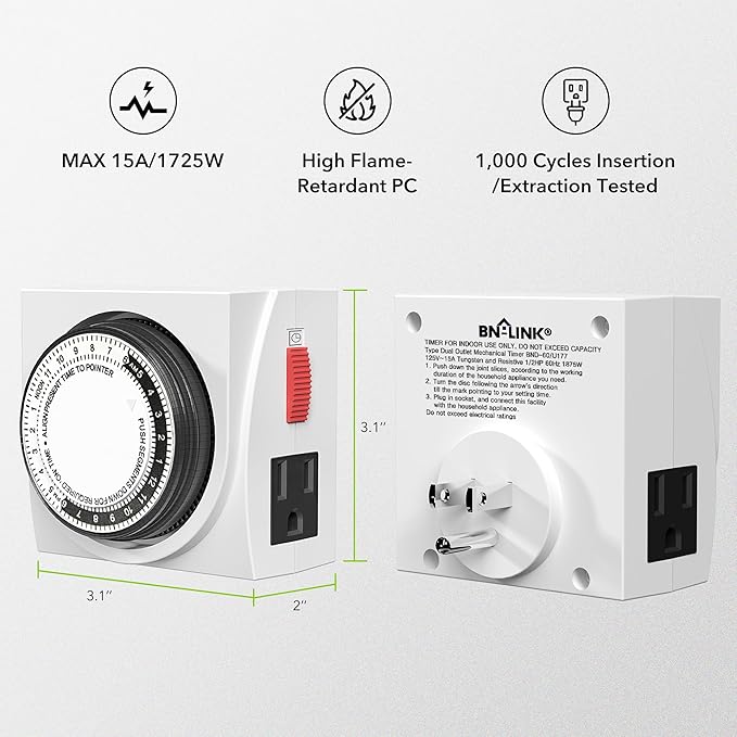 BN-LINK Heavy Duty Mechanical 24 Hour Timer Dual Outlet 3-Prong Accurate Indoor for Lamps Fans Christmas Lights White AC 1875W 1/2 HP, ETL Listed