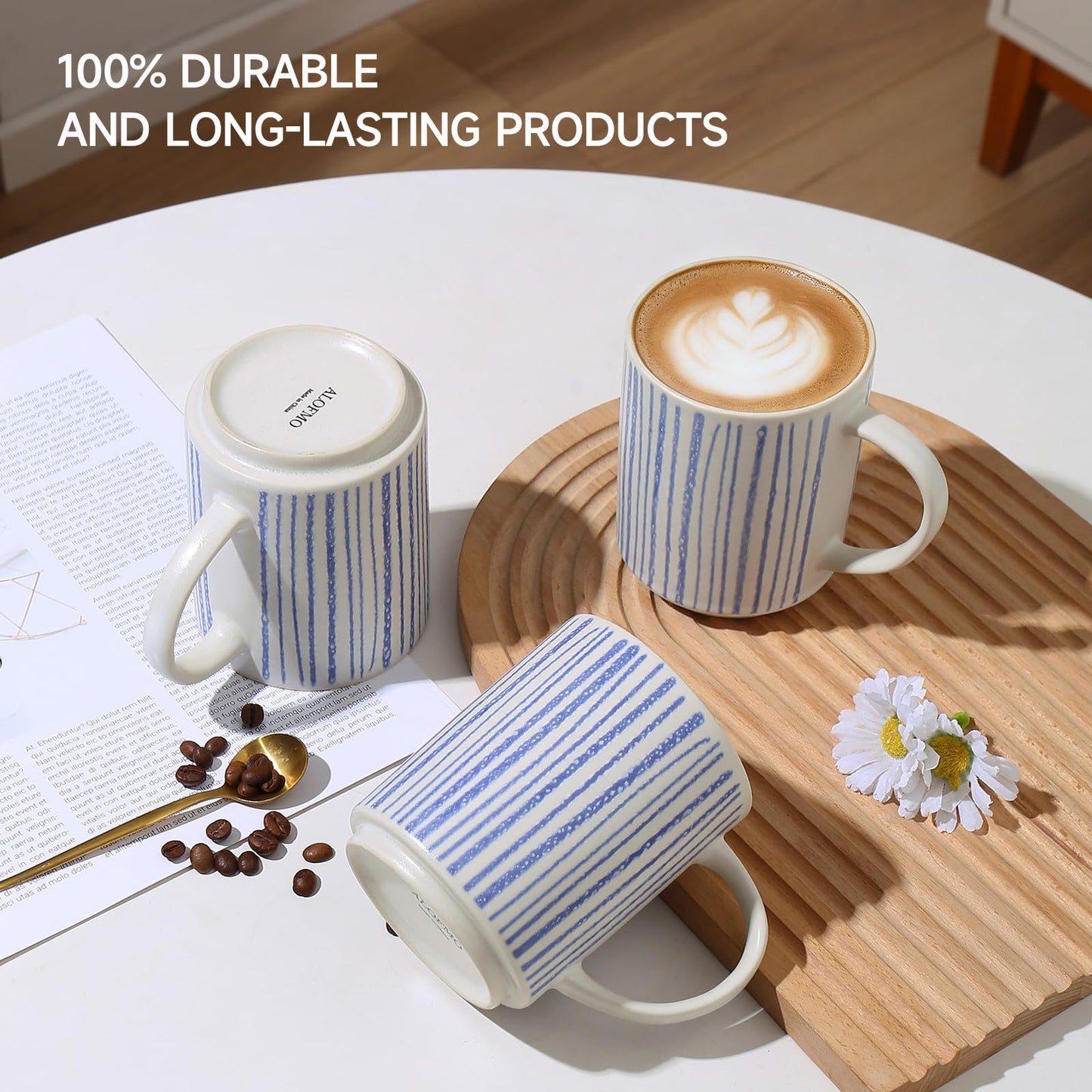 ALOFMO Ceramic Mugs Set of 6, Modern 17oz Coffee Mugs, Stackable Coffee Cups with Handpainted Blue Stripe Pattern, Dishwasher and Microwave Safe Mugs for Home & Office