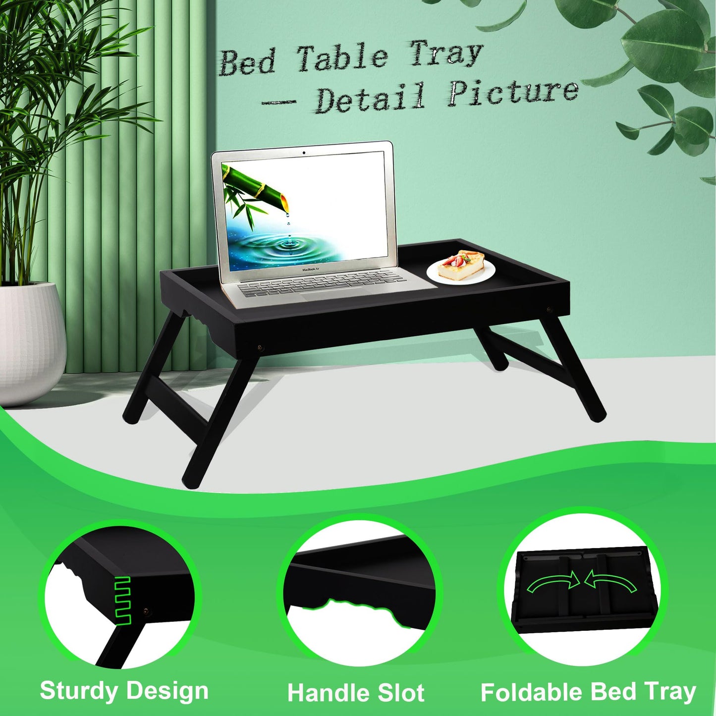 Asuthzon Bamboo Bed Tray Table with Foldable Legs, Breakfast in Bed Tray for Kitchen Serving Tray, Eating, Working, Drawing Tray (2 Pack, Black)
