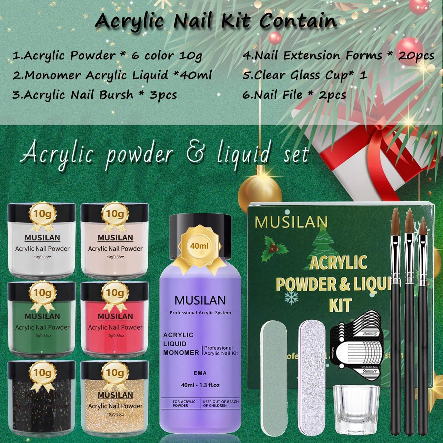 MUSILAN Acrylic Nail Kit for Beginners, Professional Liquid Monomer and 6 Colors Acrylic Powder Set with Everything Nail Brush and Forms & Files for 3D Nail Carving Application Manicure Tool DIY Salon