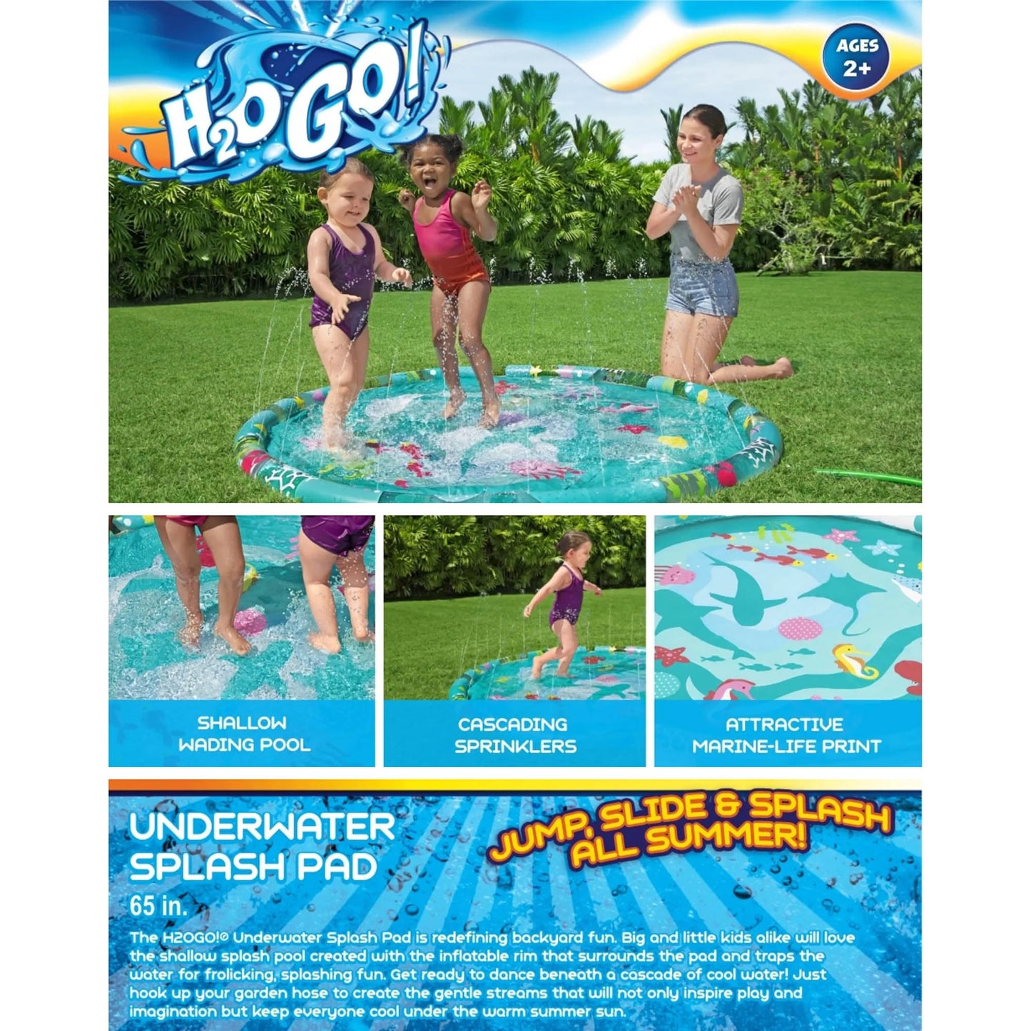 H2OGO! 65" Underwater Utopia Splash Pad - Inflatable 65" Marine Water Sprinkler, Shallow Rim Wading Pool Mat, Outdoor Fountain Sprayer, Toddler-Kid 2+