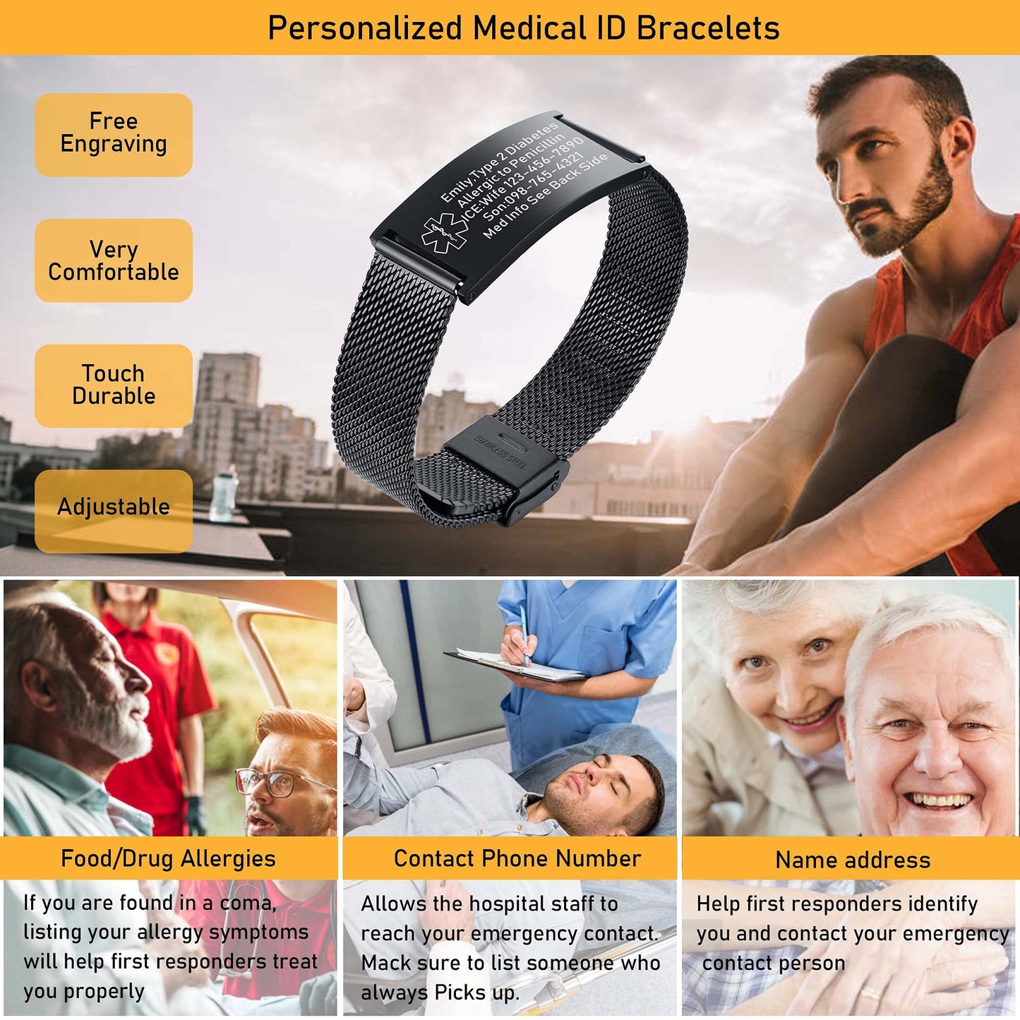 VNOX Width Medical Alert Bracelets for Men with Free Custom Engraving Adjustable Stainless Steel Mesh Emergency Medical ID Bracelets Wristband,Black