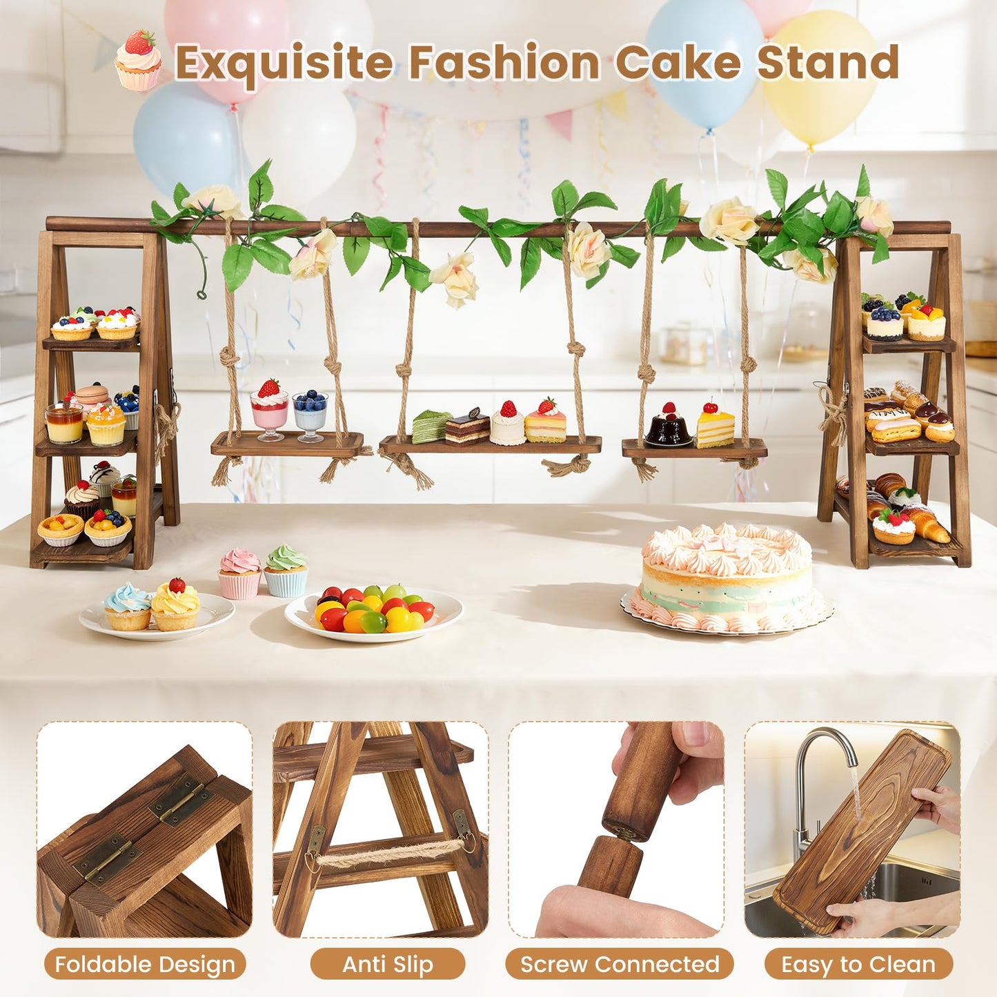 3 Tier Wooden Cupcake Stand with Swing & Flower Decor, Dessert Table Display Set with Removable Trays for Cake Fruit Snack Bread, Rustic Foldable Ladder Stand for Party, Birthday, Wedding & Events