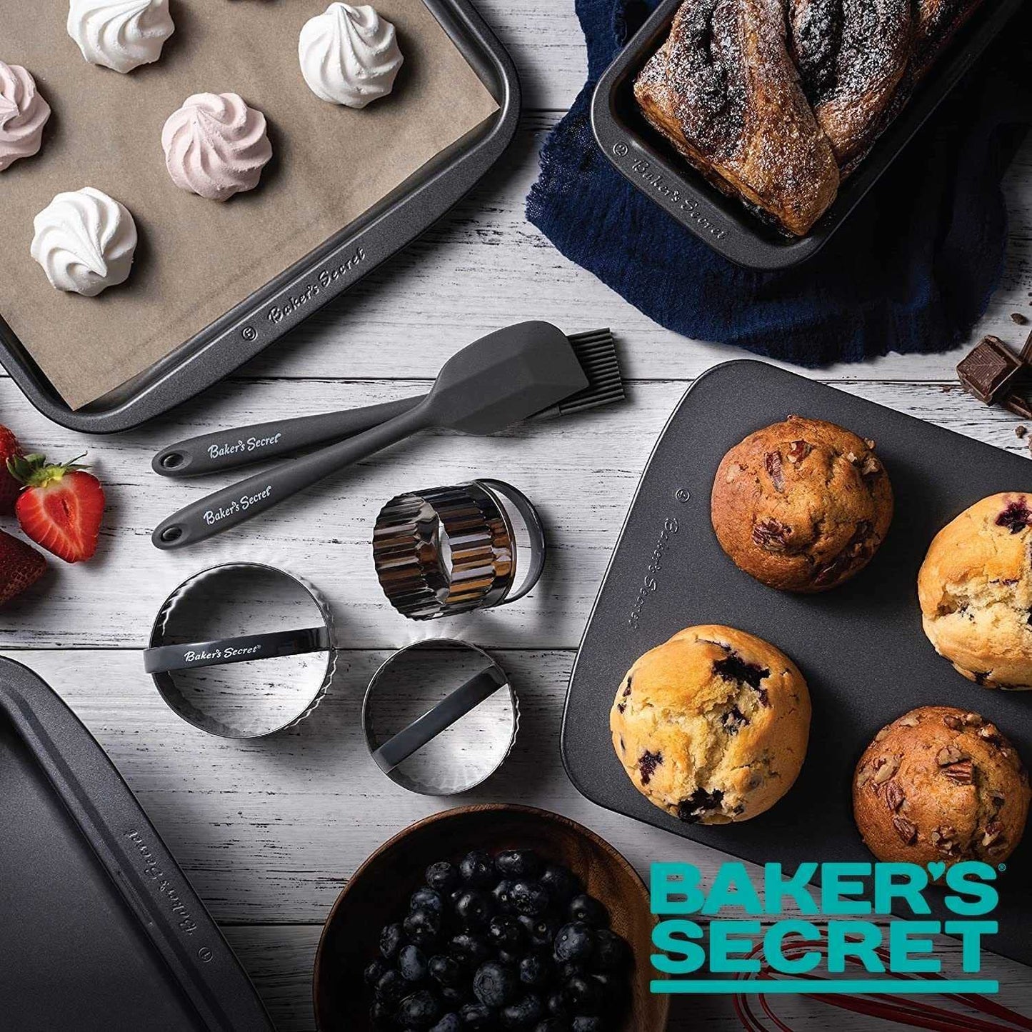 Baker's Secret Stackable Baking Set of 5 Bakeware Pans, Bakeware Set, Baking Pan Set Includes Muffin Pan, Roaster Pan, Square Pan, Cookie Sheet, Loaf Pan, Easy Store, Dishwasher Safe, Baking Supplies