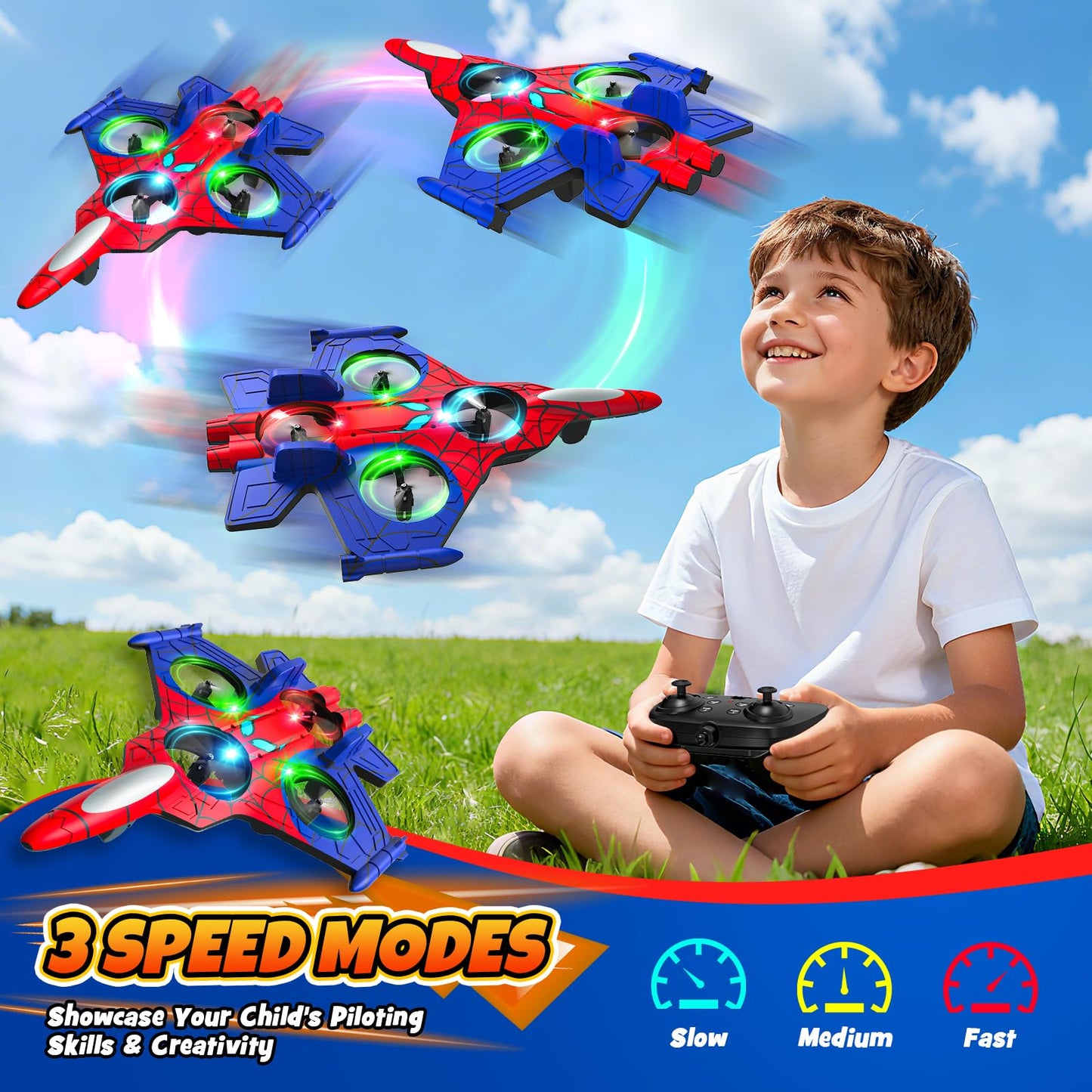 Motivekit Spider Mini Drone, Foam Remote Control Airplane for Kids, 2.4GHz RC Jet with LED Lights, 360° Stunt Flips and Rolls, Easy to Fly Toy Plane Gift for 8 9 10 12+ Year Old Boys Girls