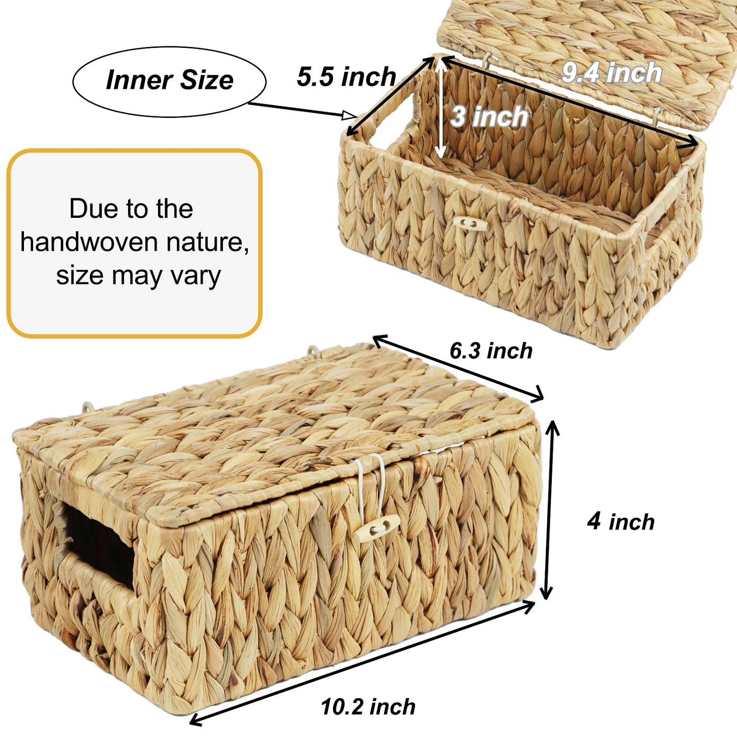 Small Wicker Basket with Lid, Natural Water Hyacinth Storage Baskets for Organizing, Rectangular Woven Basket for Storage, Decorative Boxes Bins with Lids and Built-in Handles (10.2" x 6.3" x 3.9")