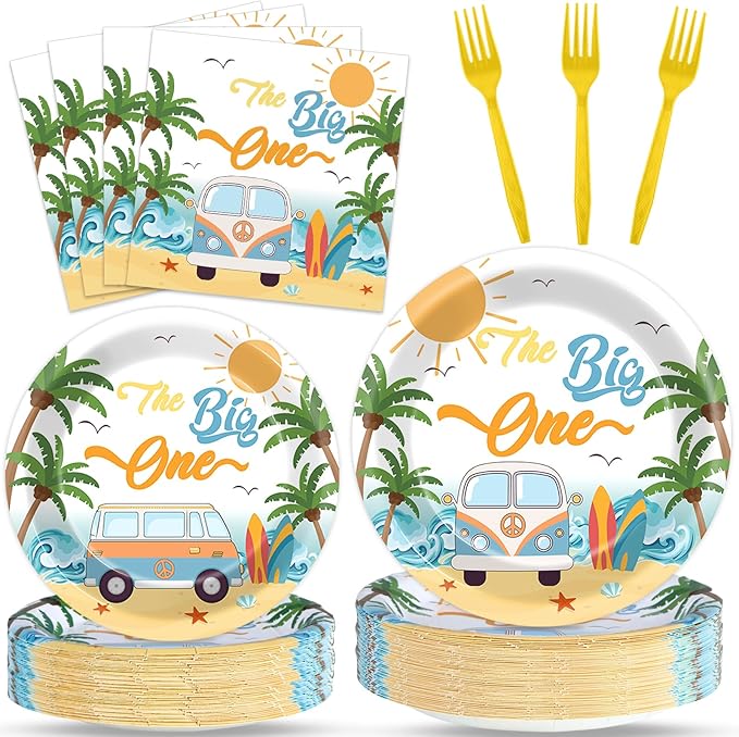 96Pcs Summer Beach The Big One Party Supplies Boy Surfing First Paper Plates Napkins The Big One Birthday Party Decorations 1st Birthday Dinnerware Party Favor Beach Hawaiian Tableware Serves 24