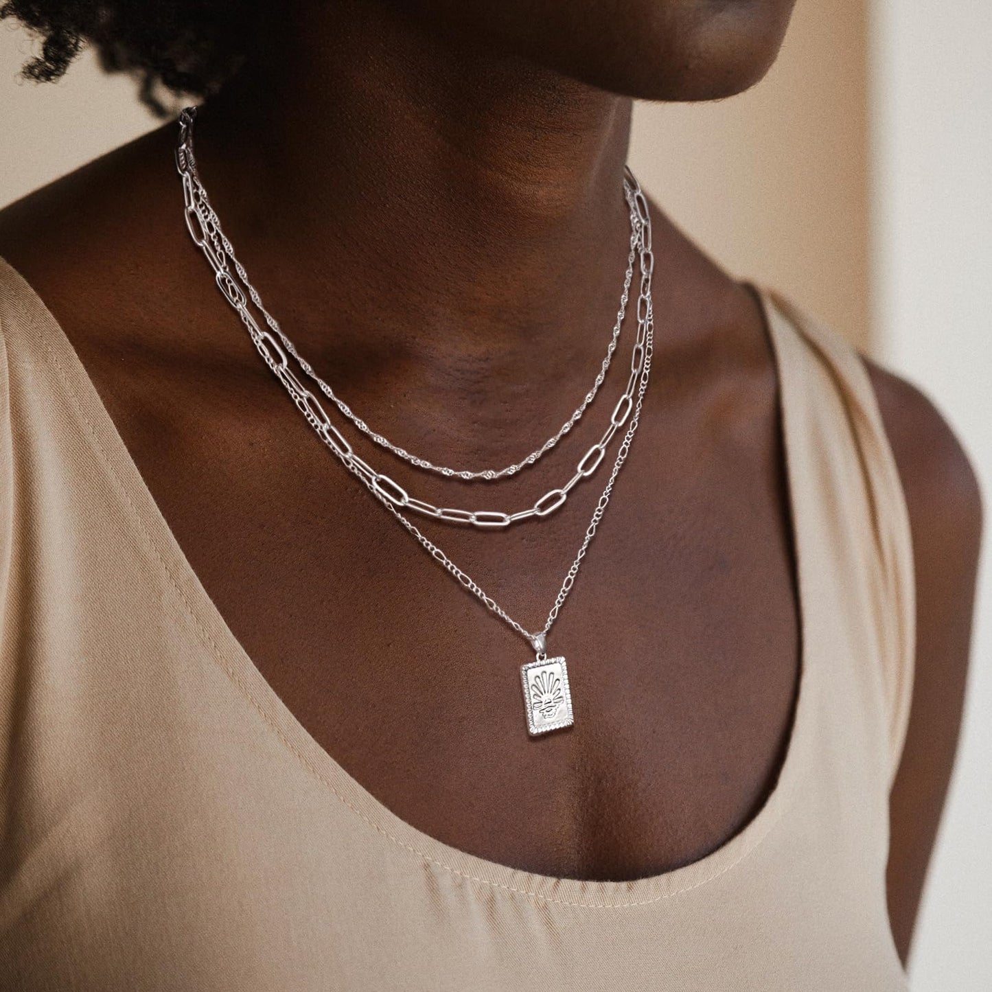 MFRYK Gold Necklaces Stack For Women,14K Gold Plated Simple Layered Choker Necklaces,Stackable Multilayer Gold Small Square Pendant Box Paperclip Chain Layered Necklaces Set Jewelry Gift for Women