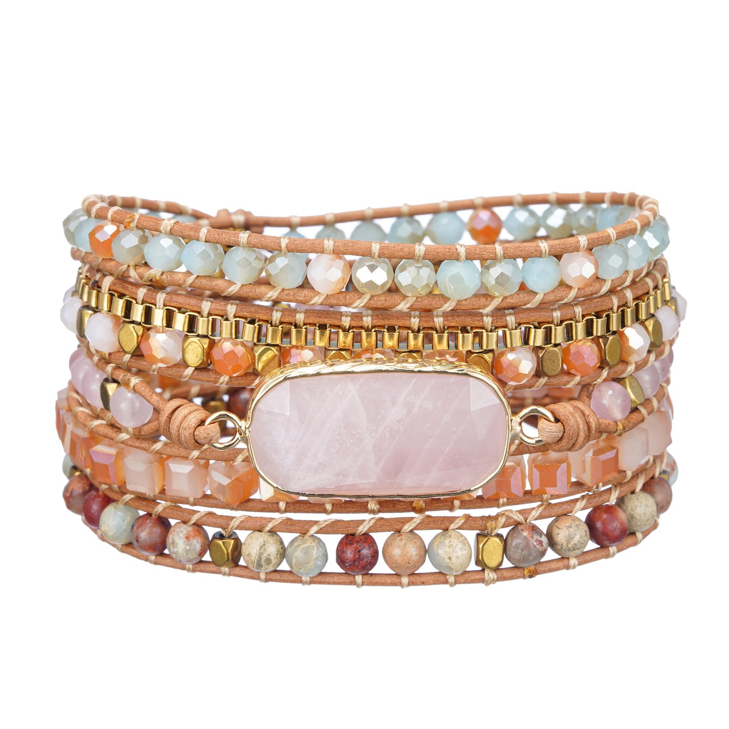 Plumiss Handmade Rose Quartz Leather Wrap Bracelet for Women, Boho Multi-Layer Natural Stone Beaded Strand Bracelets, Adjustable Stackable Jewelry Gift for Mom Girlfriend