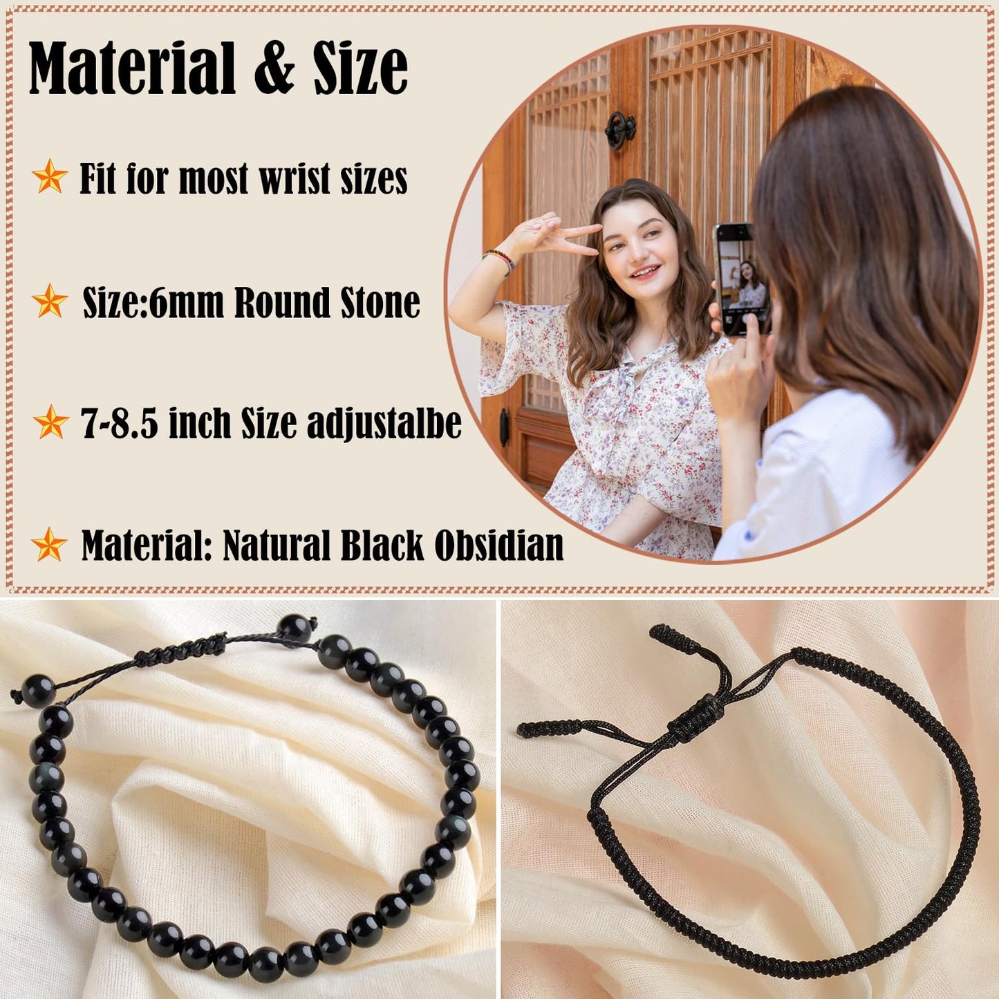 LPBeads 6mm Black Obsidian Bracelet with Handmade Rope Bracelet Size Adjustable Natural Stone Crystal Healing Bracelets Gifts for Unisex Adults