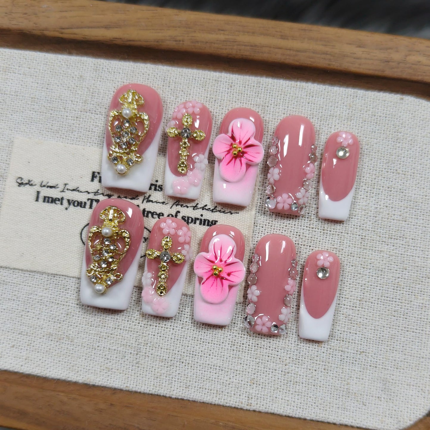 TENPAL Squoval Press on Nails Medium - White French Tips with 3D Cross & Floral Lace, Reusable & Handmade False Nails for Edgy Everyday Wear | Sweet Gothic Style(M)
