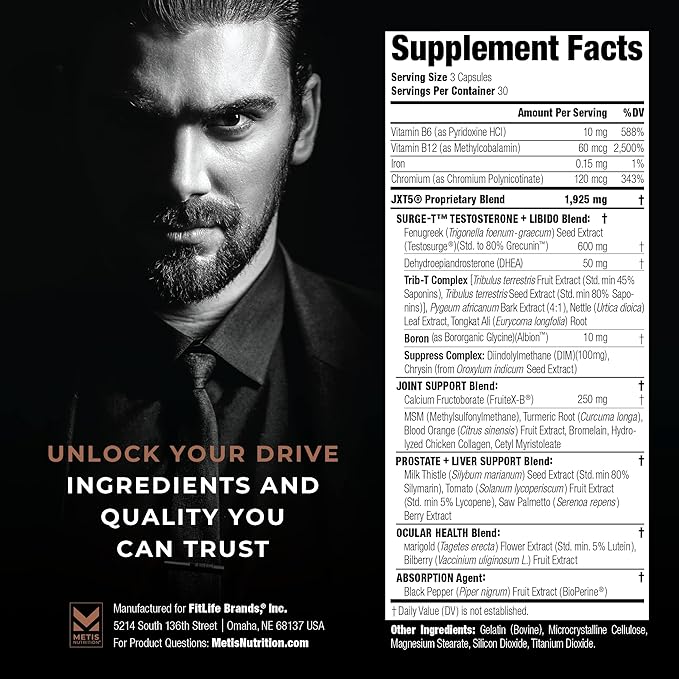 Metis Nutrition JXT5 Joint Health - 5-in-1 Men's Health Supplement to Libido, Prostate, and Vision - Test Boost, Joint Support, and Improve Energy (90 Capsules)