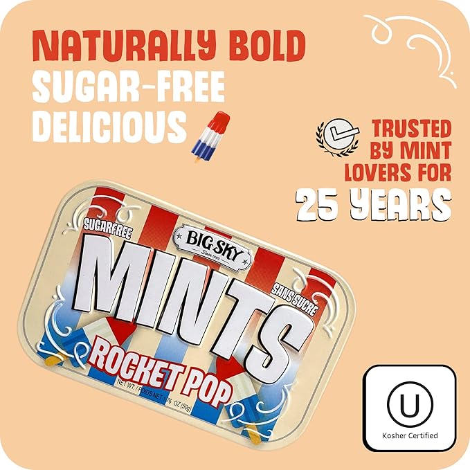 Big Sky Sugar Free Mints Rocket Pop | No Artificial Colors or Flavors | Kosher, Vegan, Gluten Free | Aspartame & Xylitol Free | 50 Count Tin (Pack of 6)