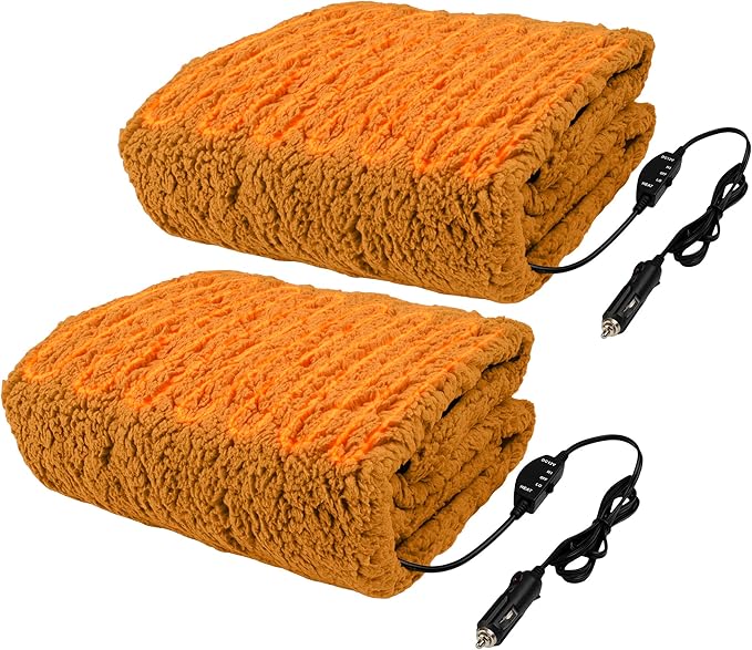 Stalwart Heated Blanket 2-Pack - 12V Electric Blanket for Car, RV, or Camping - 57x39” Portable Travel Throw with 2 Heat Levels - Must-Have Car Essentials and Tailgating Gear (Honey)