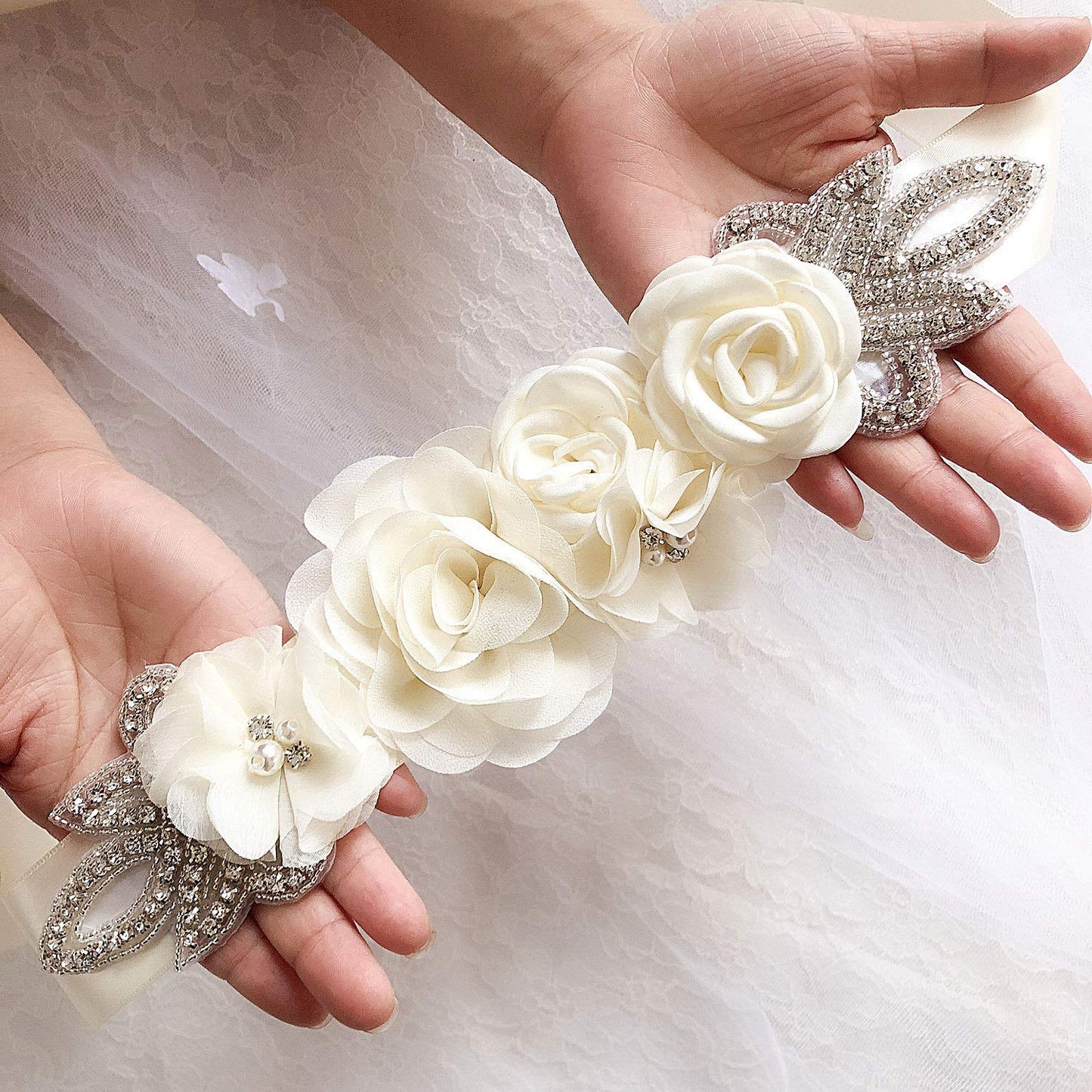 Sash Belt with Flowers Pearls Rhinestone for Wedding Bride/Maternity Baby Shower Dress Bridesmaid Sash,Ivory