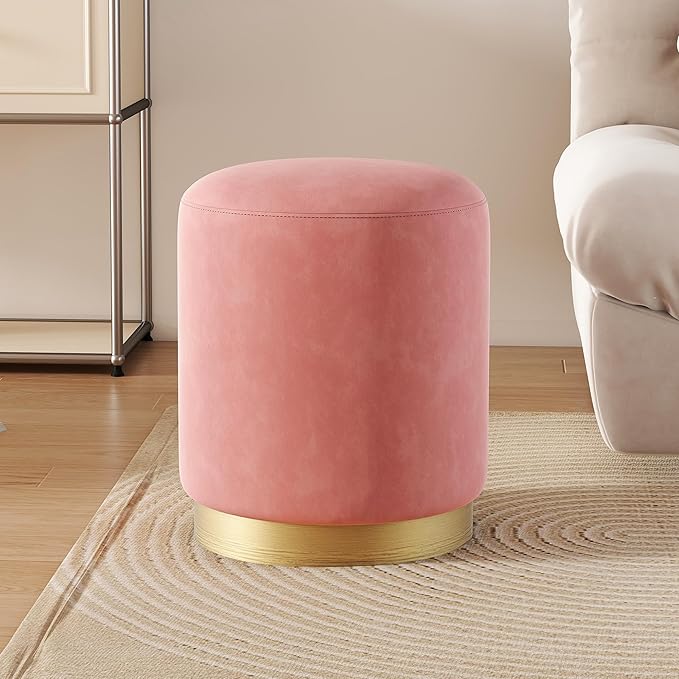 DAGONHIL Modern Round Pink Velvet Ottoman,Upholstered Floor Stools with Gold Plating Base,Accent Makeup Stool for Living Room,Bedroom and Kids Room,Pack of 1(Pink)