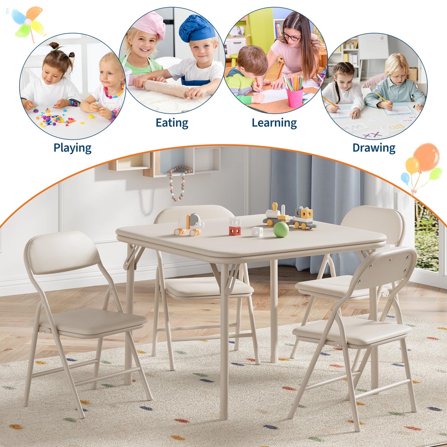 IDEALHOUSE 5 Piece Boys Girls Folding Table and Chairs Set, Activity Table and Chairs Set for Dining Room,Daycare,Classrooms