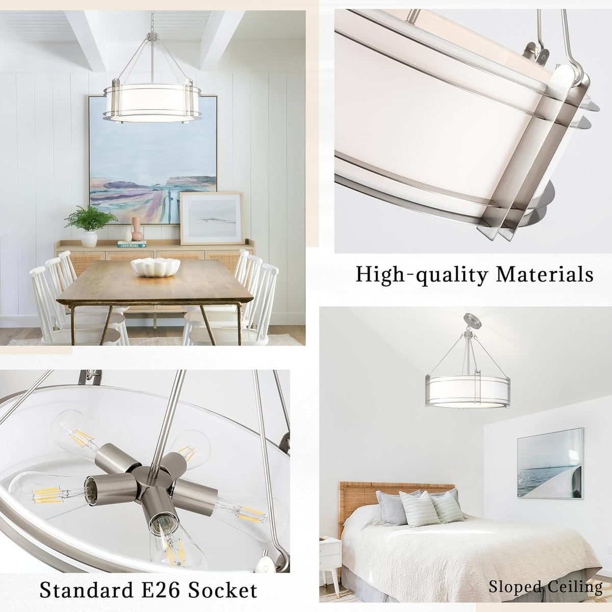 20.4''Drum Chandelier,5-Light Brushed Nickel Modern White Fabric Chandeliers,Farmhouse Round Pendant Light Fixture for Dining Room Kitchen Island Living Room Bedroom Hallway