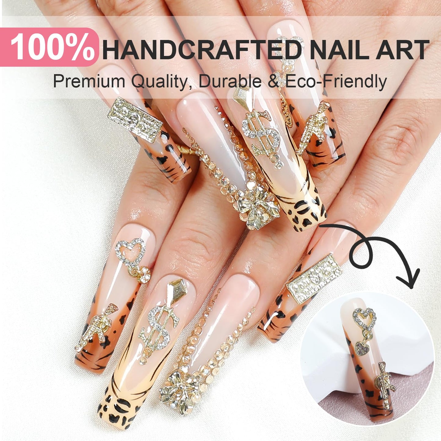 XGV Handmade Press on Nails Long Square 10pcs, Pink Fake Nails with Rhinestones, Reusable Acrylic Press on Nails for Party Salon