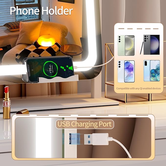 Hasipu Vanity Mirror with Lights, 34.3" x 25.2" LED Makeup Mirror, Light up Mirror with 10X Magnification and Phone Holder, USB Charging Port, Smart Touch 3 Colors Dimmable (White)