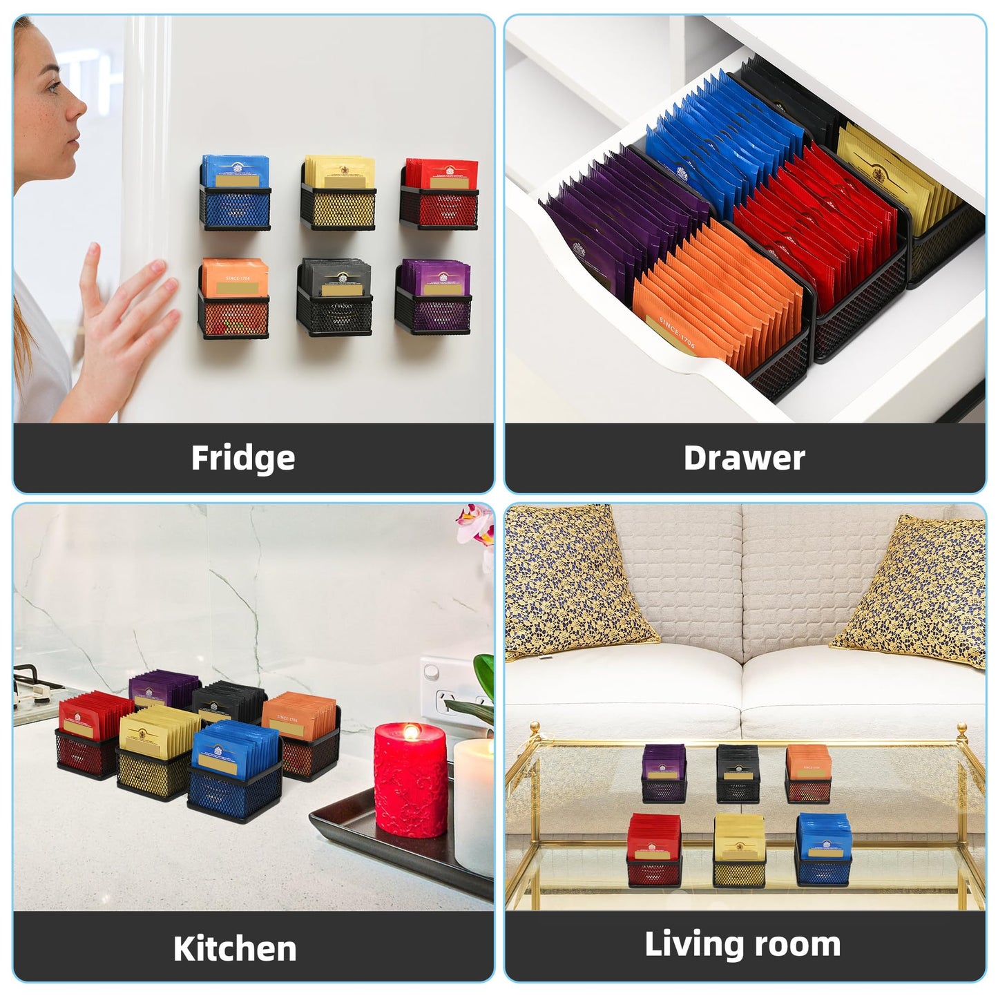 NatldGs Magnetic Tea Bag Organizer, 6-Piece Metal Tea Organizers and Storage for Refrigerator, Counter or Kitchen Shelf, Idea Tea Gift for Tea Lovers, small, black, DB-1205