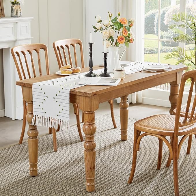 Wracra Boho Table Runner, Natural Cotton Woven Macrame Table Runners 90 Inches Long for Modern Farmhouse Woven Home Decor, 14x90 Inch, Green
