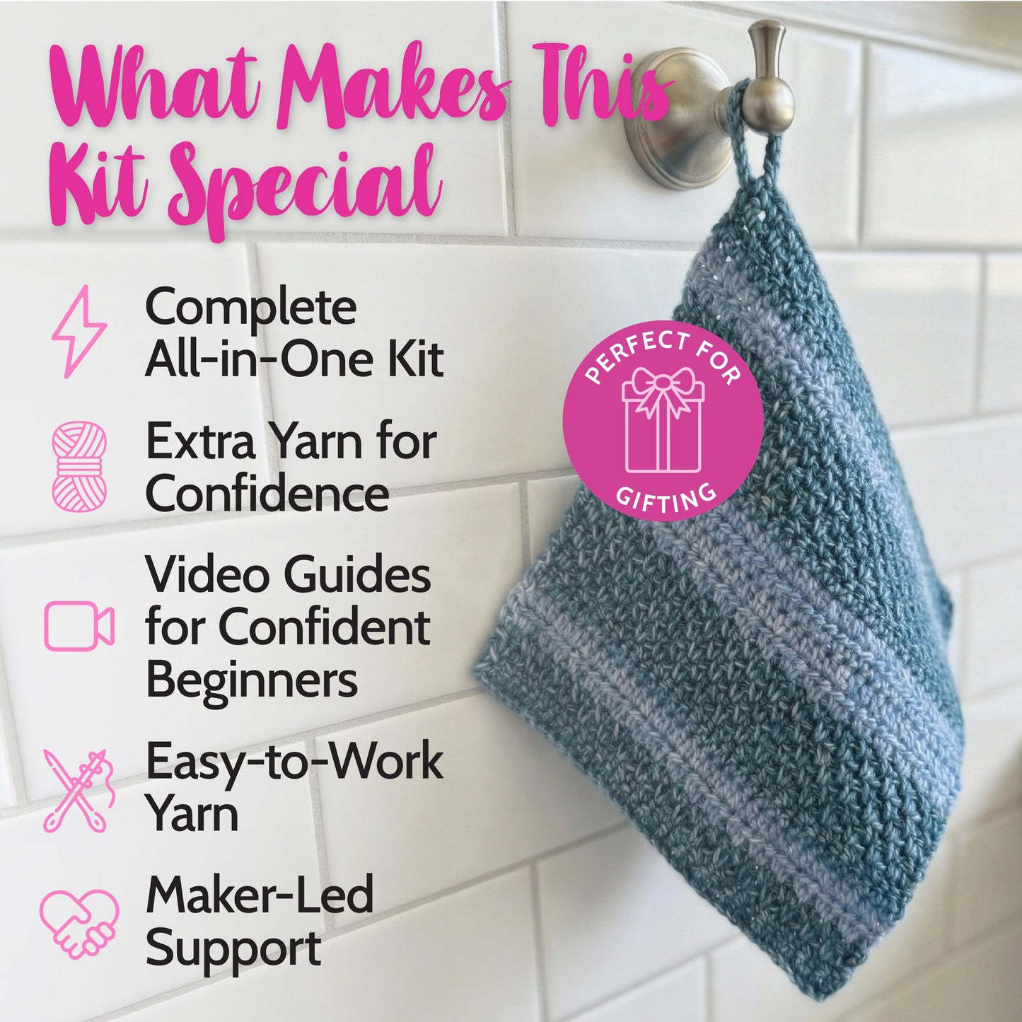 KnitPal Everyday Joy Crochet Kit for Confident Beginners – Make 4 Reusable 7.5 x 7.5 in Dishcloths – with Cotton to The Core Yarn (#3 DK), Hook, Patterns & Video Tutorials (Jean Blue + Sky Blue)