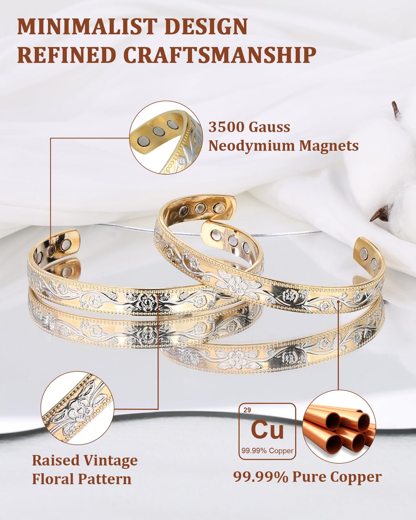 BioMag 2 Pcs Copper Bracelets for Women Men, 99.99% Pure Copper Cuff Bangle with 6 Pcs 3500 Gauss Magnets, Adjustable Size, Intricate Flower Pattern