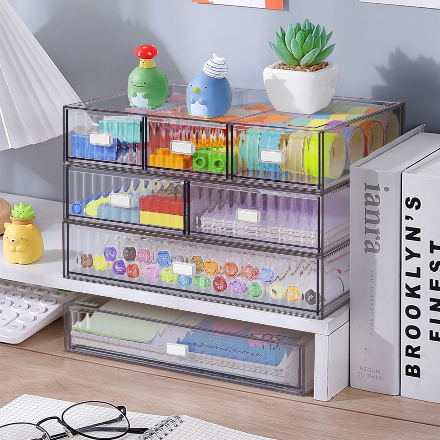 3 Tier Stackable Desk Organizer with 6 Drawers, YOCOMEY Plastic Desktop Storage Box Drawers, Detachable Makeup Storage Office Stationery Supplies Organizer for Office School(Clear)