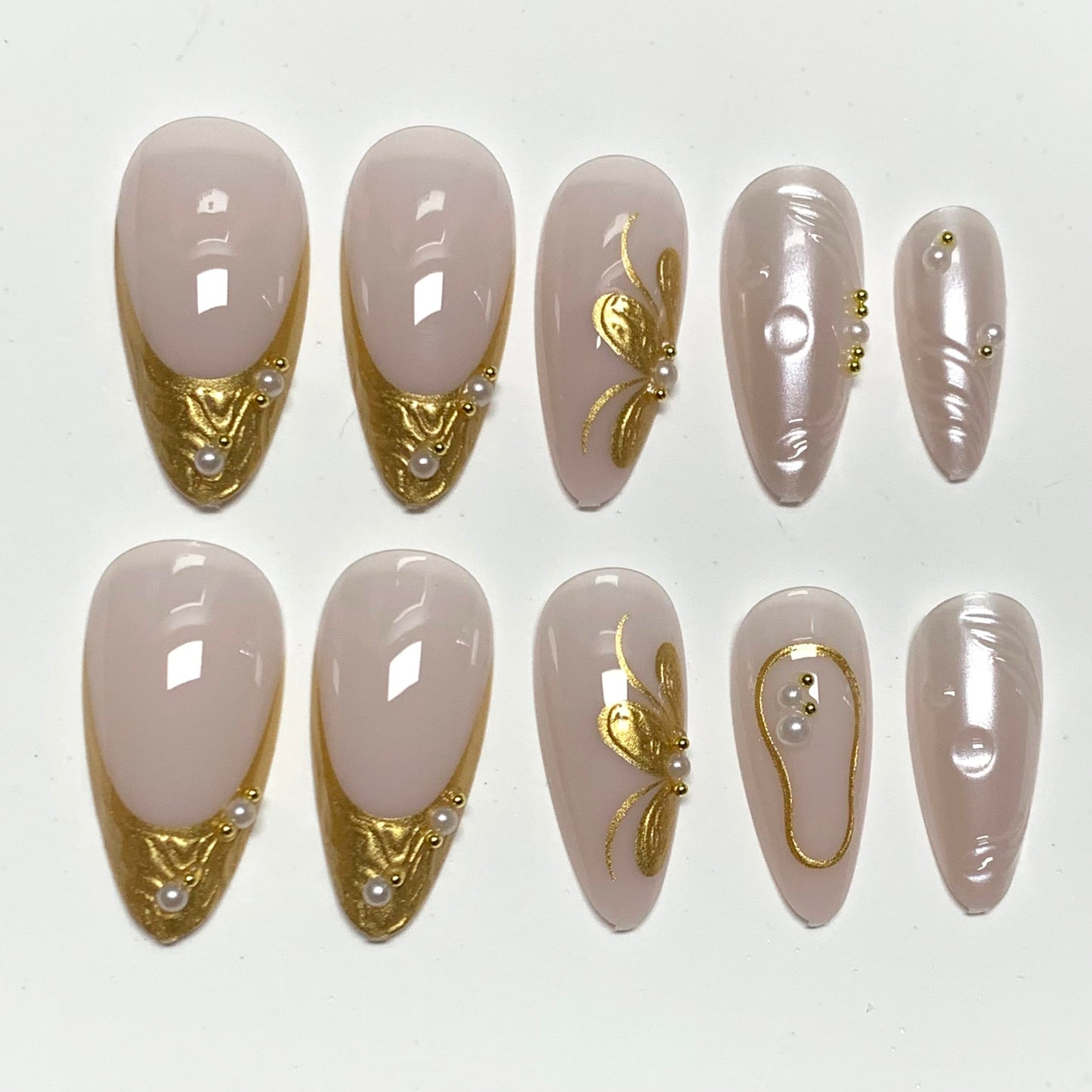 BABALAL Press On Nails, Medium Almond Fake Nails, White Full Cover,Gold Chrome 3d Flower Design, Pearl Swirl, Luxury Glossy Glue On Nails 24Pcs Reusable