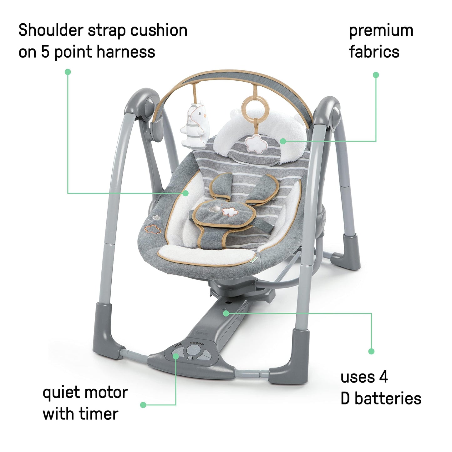 Ingenuity Swing 'n Go Deluxe 5-Speed Baby Swing with Cushioned Harness - Foldable, Portable, 2 Plush Toys & Sounds, 0-9 Months 6-20 lbs (Bella Teddy)