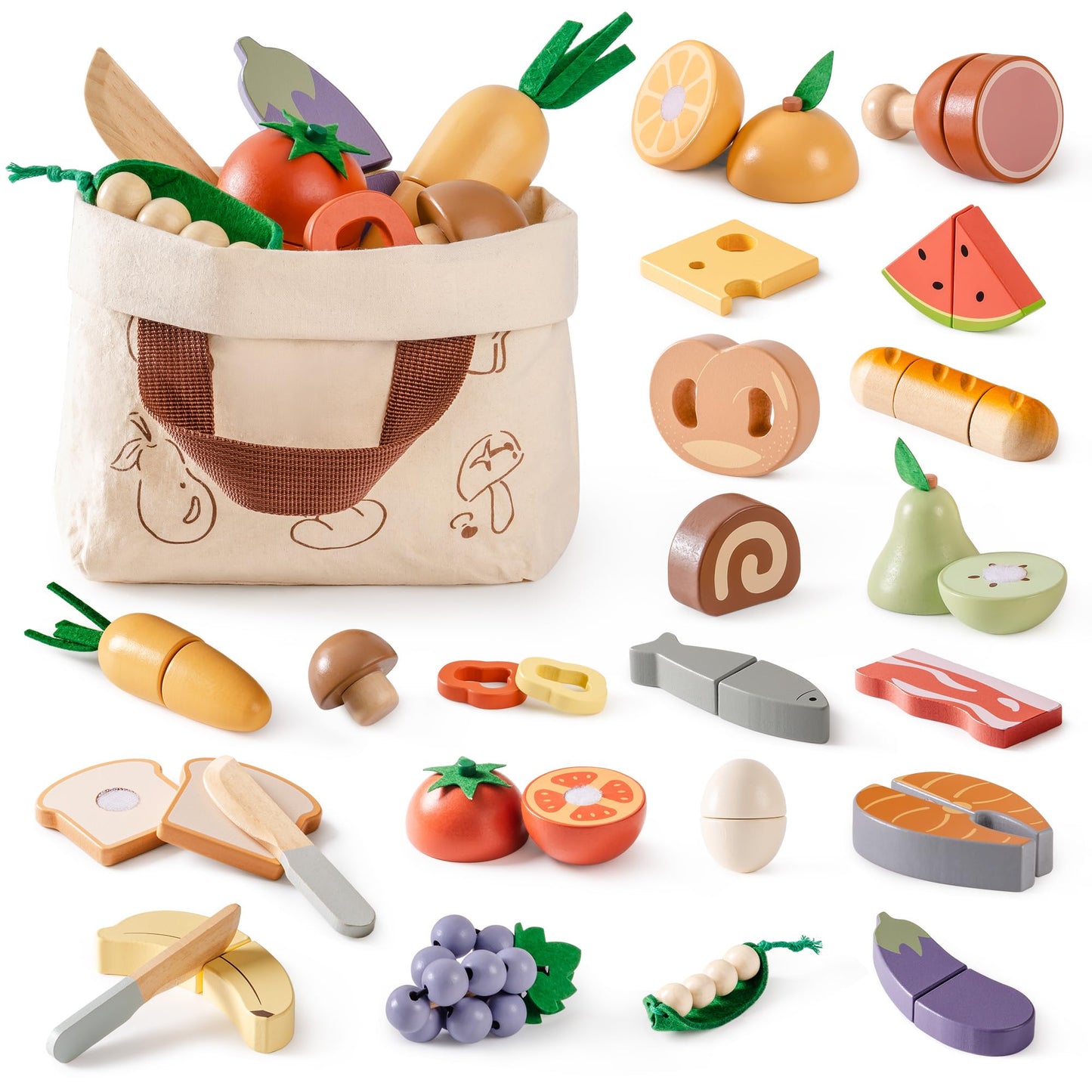 ROBOTIME Wooden Play Food 4-in-1 Cutting Set, Pretend Play Toy Food for Play Kitchen with Shopping Bag – Kids Kitchen Accessories, Wooden Play Food for Boys & Girls