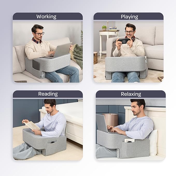 Lavish Home Multipurpose Memory Foam Desk Pillow - Lap Desk Pillow with Arm Rests, Storage Pockets, and Removable Washable Cover - Laptop Pillow for Reading, Gaming, Studying, and Working (Gray)